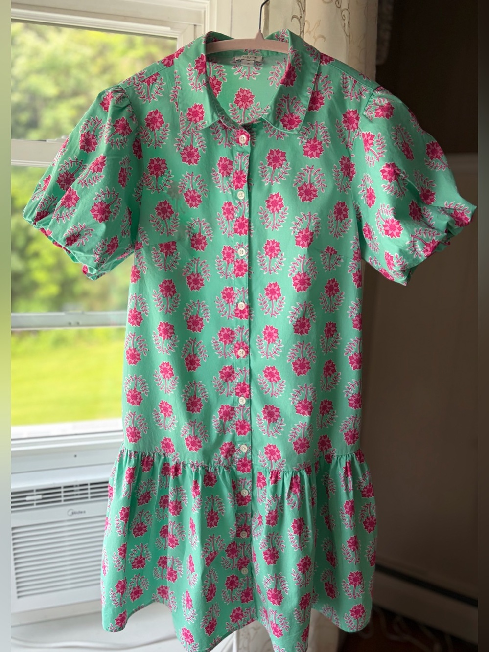 J Crew Puff Sleeve Button-Down Dress 2 Ruffle Floral Cottage Preppy Grandma EUC